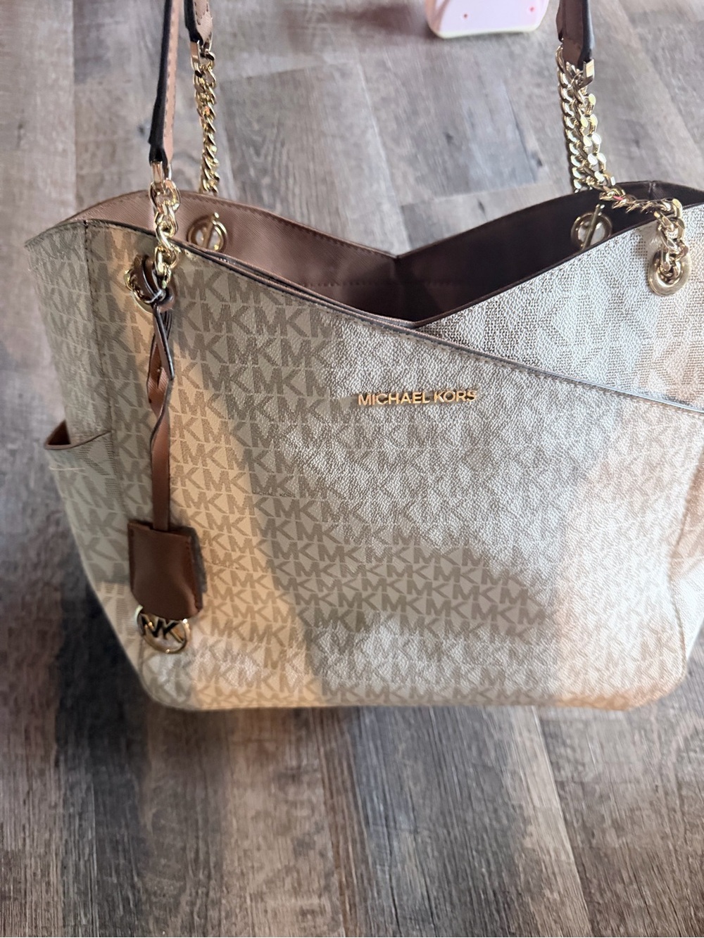 Michael Kors Beige Monogram Tote with Gold Hardware and Brown Trim
